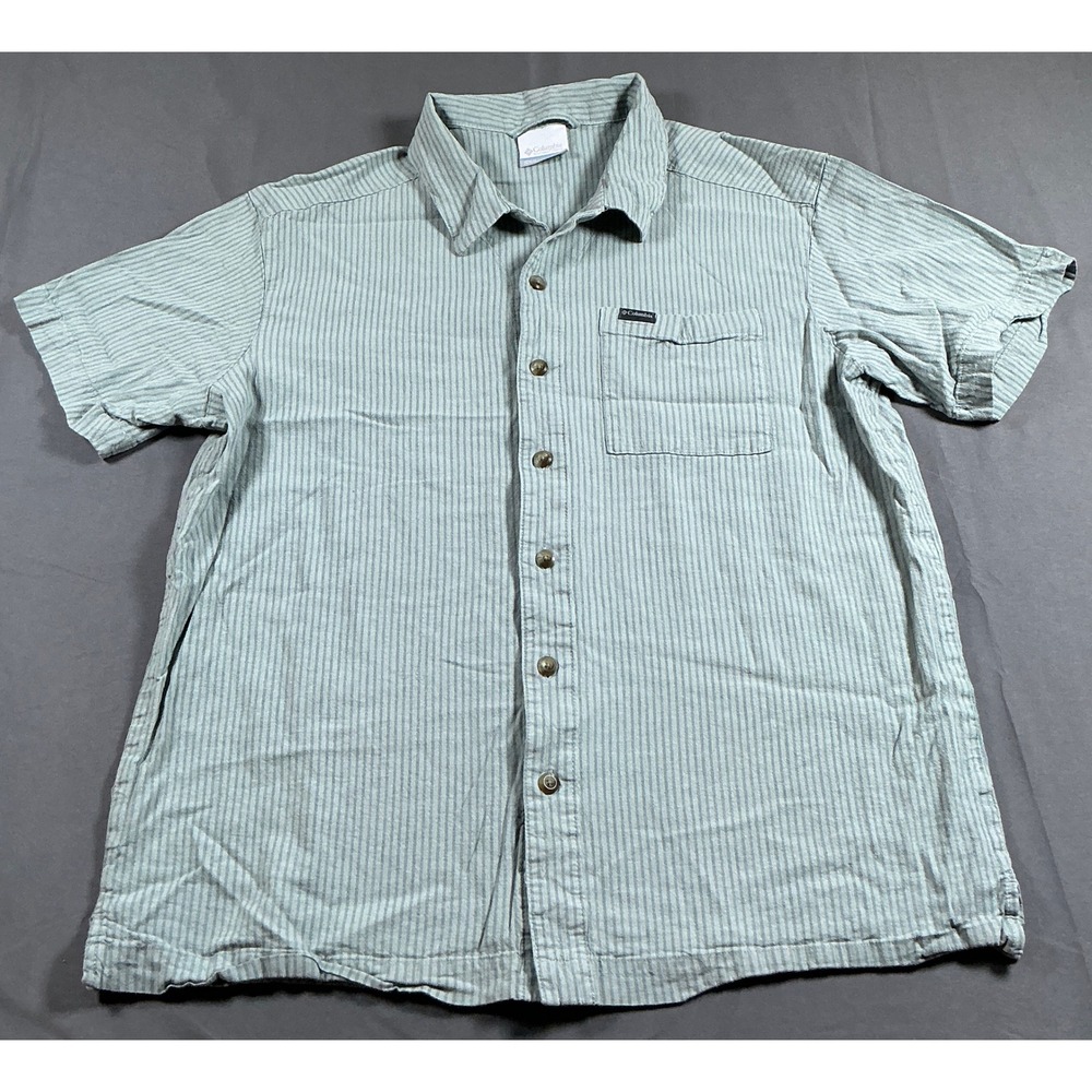 Columbia Mens Large Short Sleeve Button Up Shirt Sage Green Striped Outdoor L